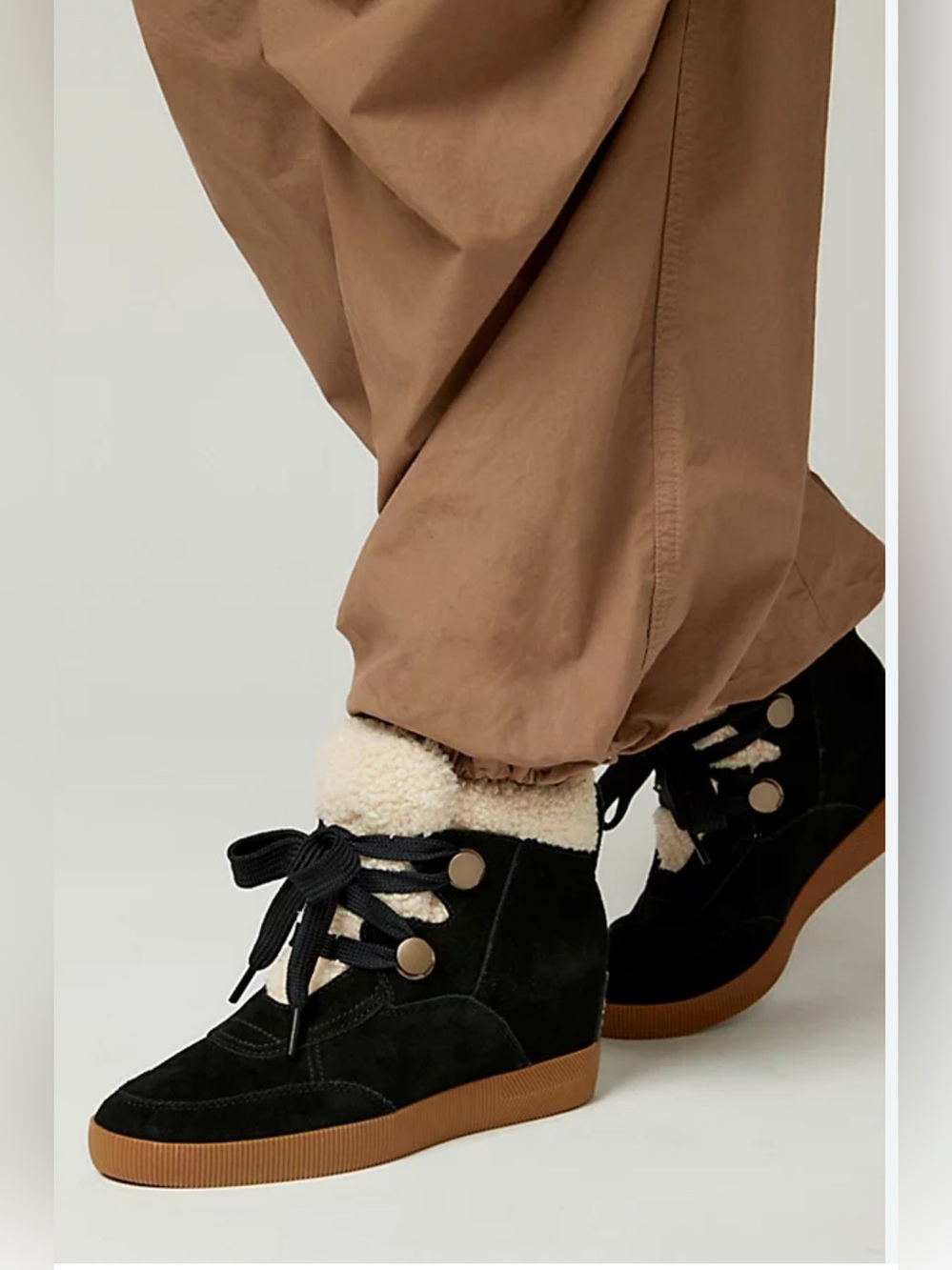 Sorel Black Suede Wedge Sneakers with Cream Shearling Collar